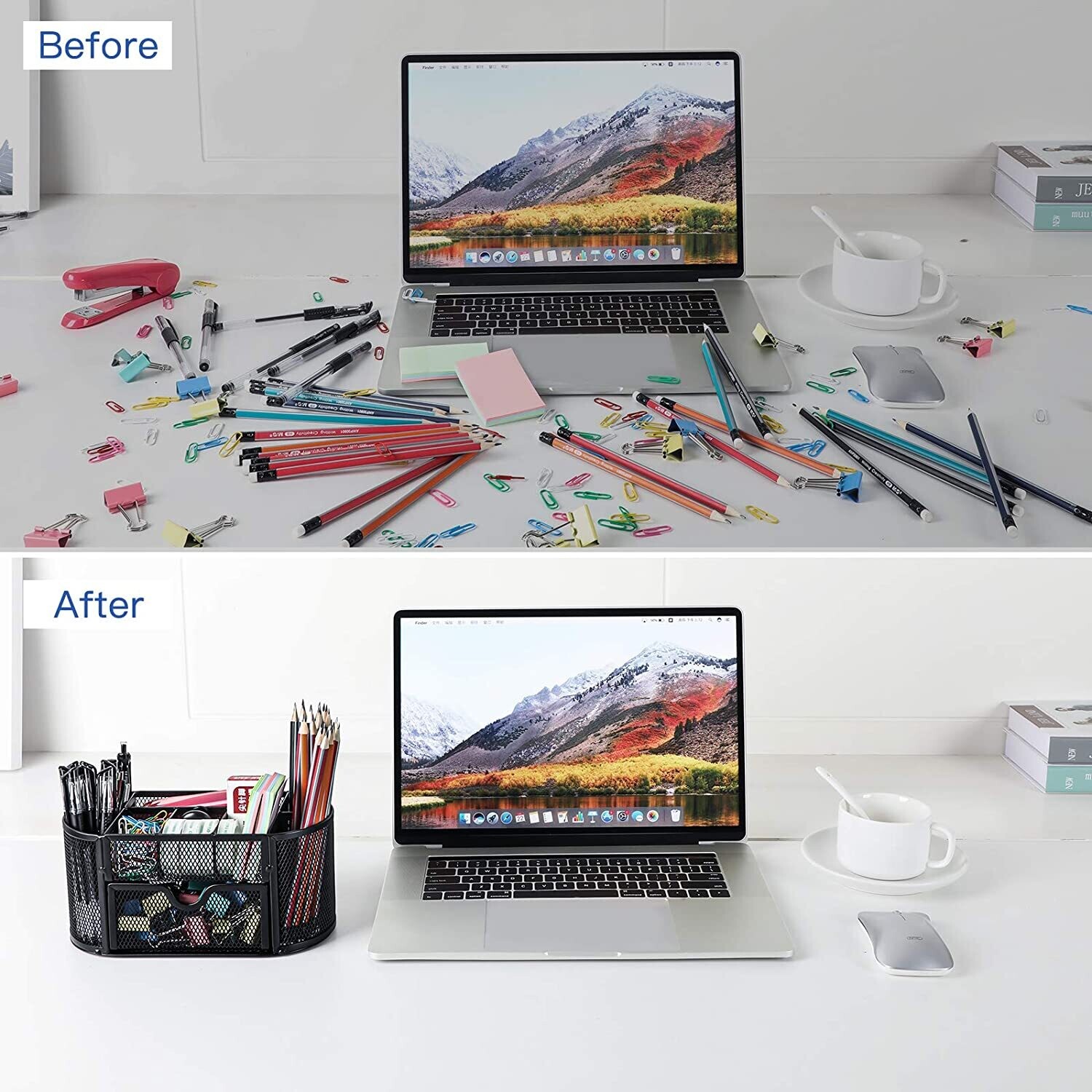 Mesh Desk Tidy &amp; Pen Holder with 8 Compartments and 1 Drawer