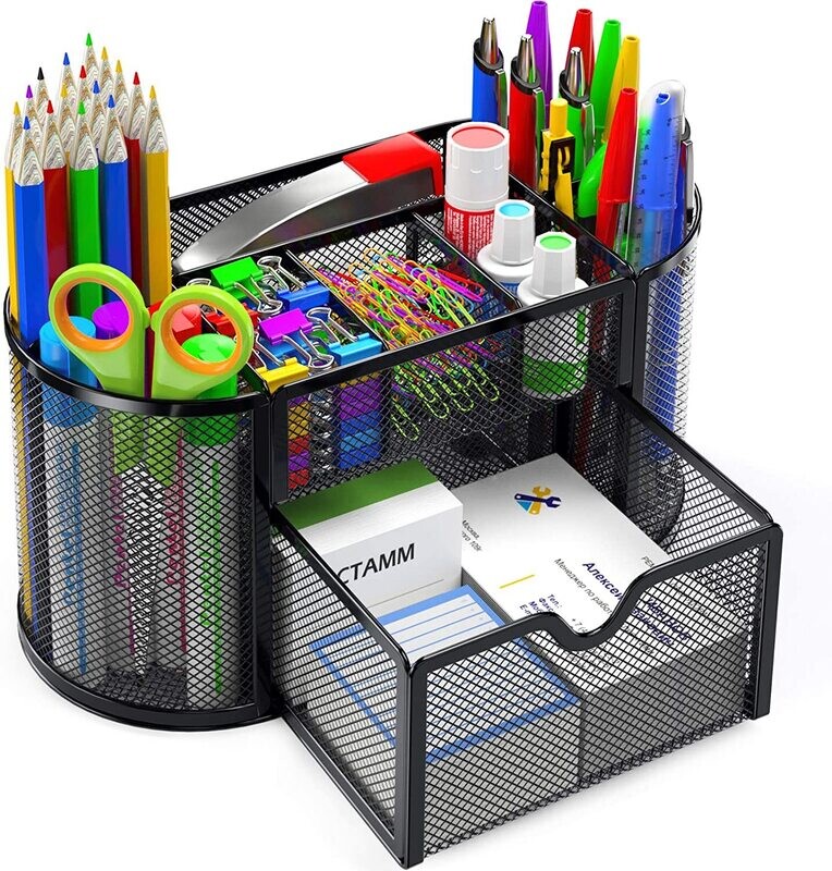Mesh Desk Tidy &amp; Pen Holder with 8 Compartments and 1 Drawer