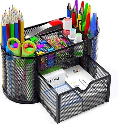 Mesh Desk Tidy & Pen Holder with 8 Compartments and 1 Drawer