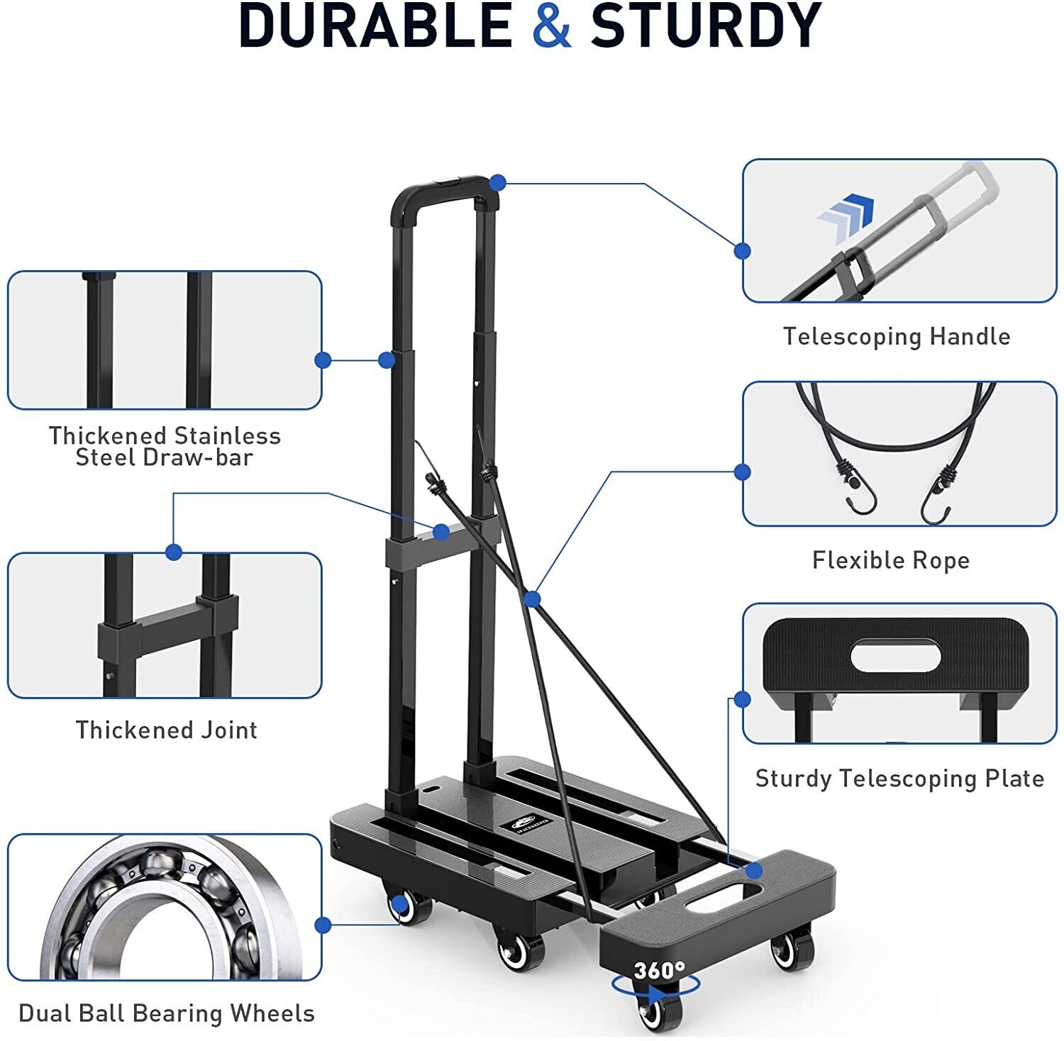 Heavy Duty Platform Trolley with 6 Wheels and 2 Elastic Ropes for Easy Transport of Heavy Loads, Durable and Stable Cart for Home, Office, and Industrial Use