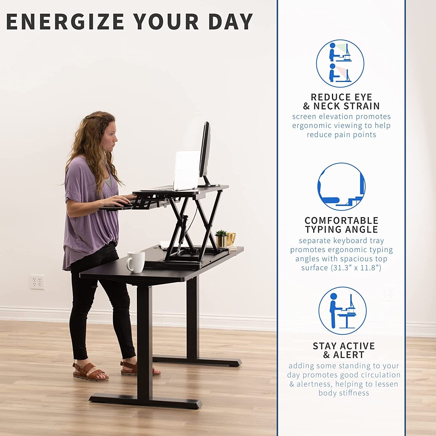 Height Adjustable Desk Stand Sit to Stand Gas Spring Riser Converter 32&quot; Wide Table Workstation Fits Dual Monitor