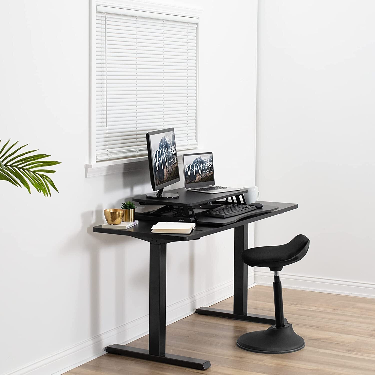 Height Adjustable Desk Stand Sit to Stand Gas Spring Riser Converter 32&quot; Wide Table Workstation Fits Dual Monitor