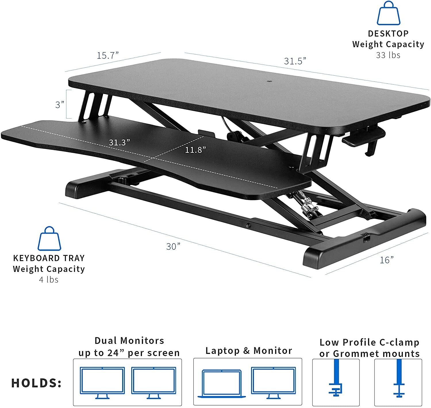 Height Adjustable Desk Stand Sit to Stand Gas Spring Riser Converter 32&quot; Wide Table Workstation Fits Dual Monitor