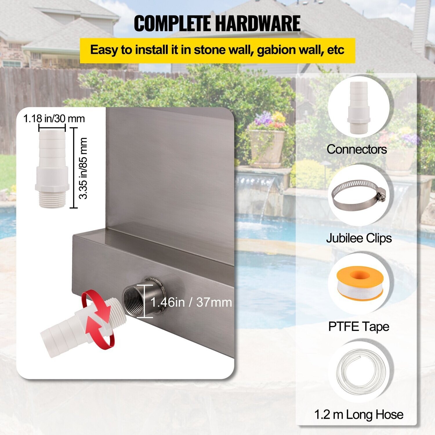 Rectangular Waterfall Pool Fountain, 30cm Stainless Steel Waterfall Spillway, Cascade Blade with Connector, Hose, Clamp, and PTFE Tape, Water Blade for Koi Fish Pond, Water Feature