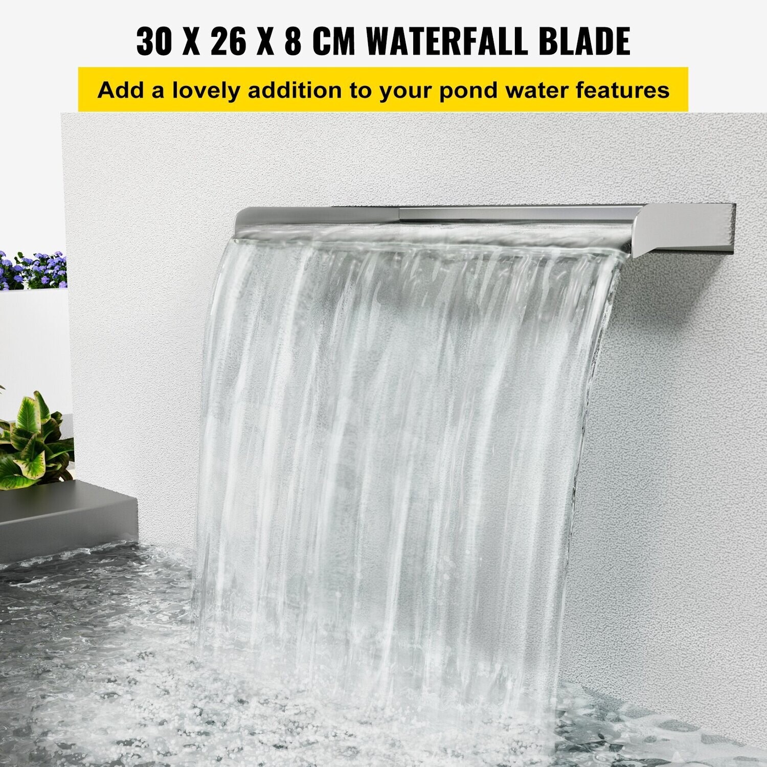 Rectangular Waterfall Pool Fountain, 30cm Stainless Steel Waterfall Spillway, Cascade Blade with Connector, Hose, Clamp, and PTFE Tape, Water Blade for Koi Fish Pond, Water Feature
