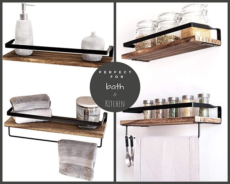 Rustic Brown with Black Floating Shelves for Bathroom - Wall