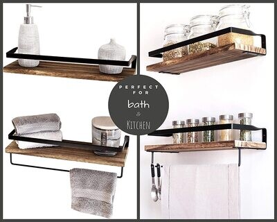 Rustic Brown with Black Floating Shelves for Bathroom - Wall