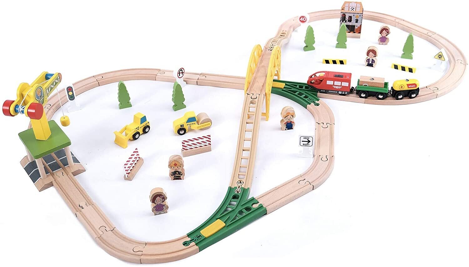Wooden Toy Train Set with Wooden Rails Including Accessories - Children's Toy with Locomotive, Crane, Bridge and More