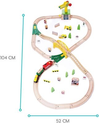 Wooden Toy Train Set with Wooden Rails Including Accessories - Children's Toy with Locomotive, Crane, Bridge and More