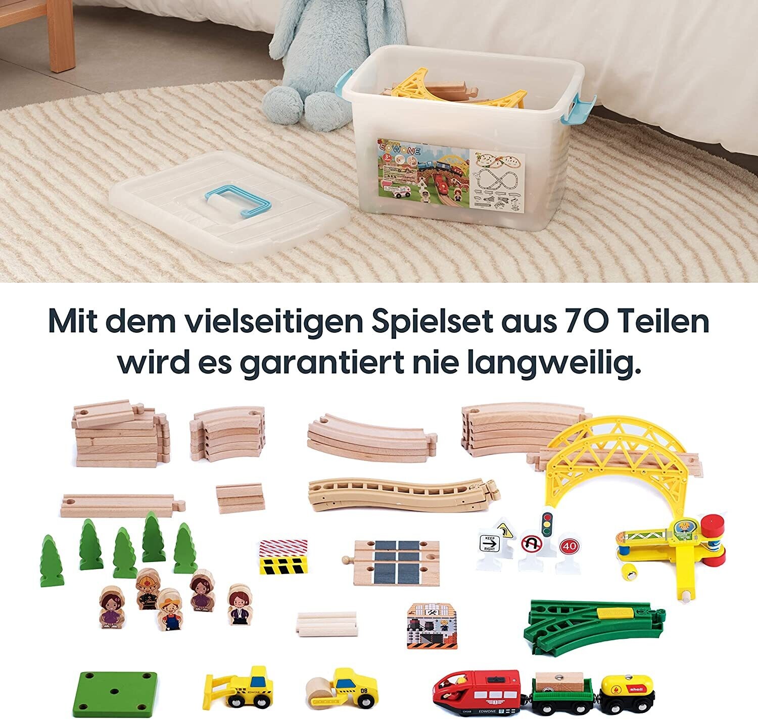Wooden Toy Train Set with Wooden Rails Including Accessories - Children&#39;s Toy with Locomotive, Crane, Bridge and More