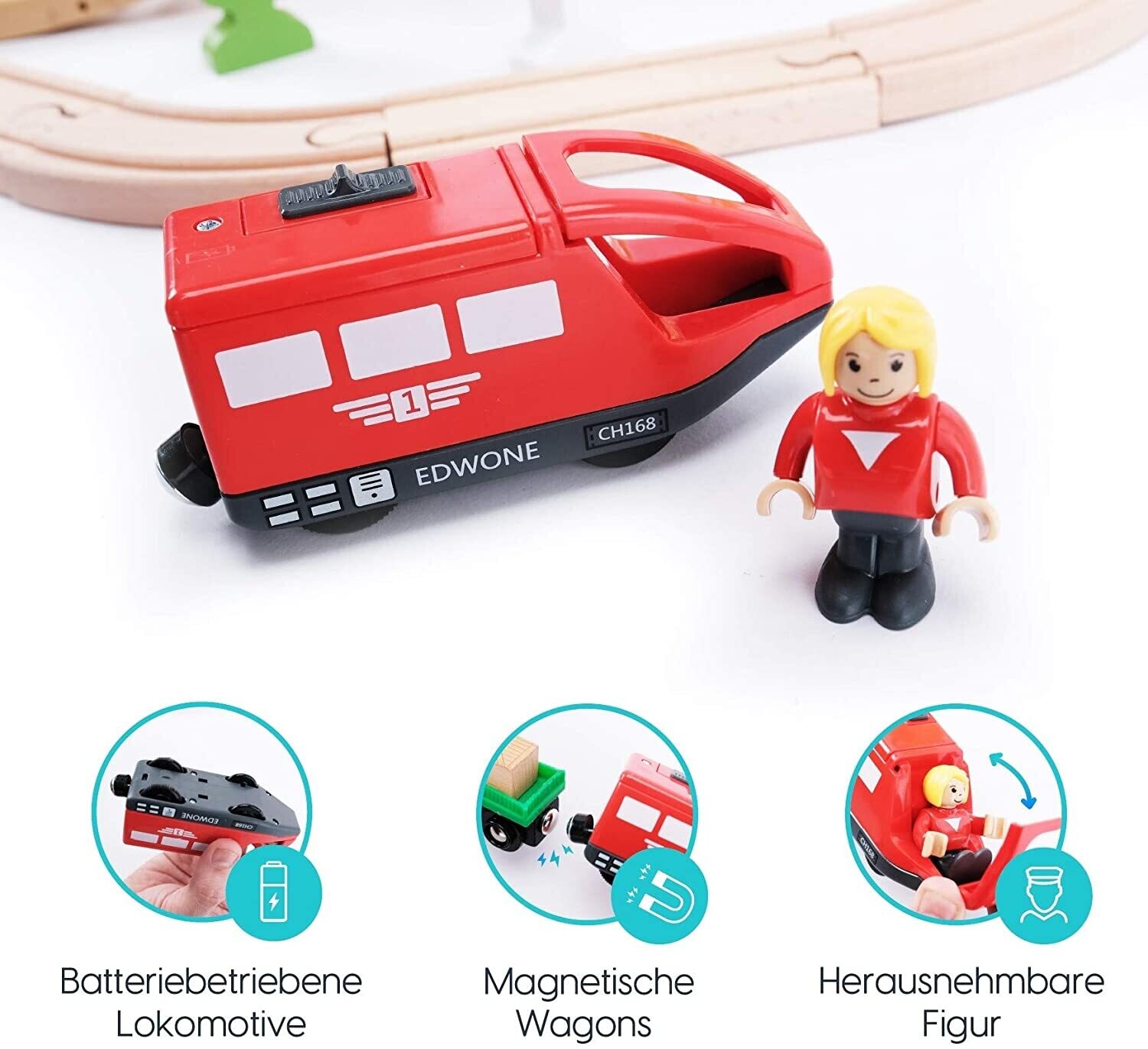Wooden Toy Train Set with Wooden Rails Including Accessories - Children&#39;s Toy with Locomotive, Crane, Bridge and More