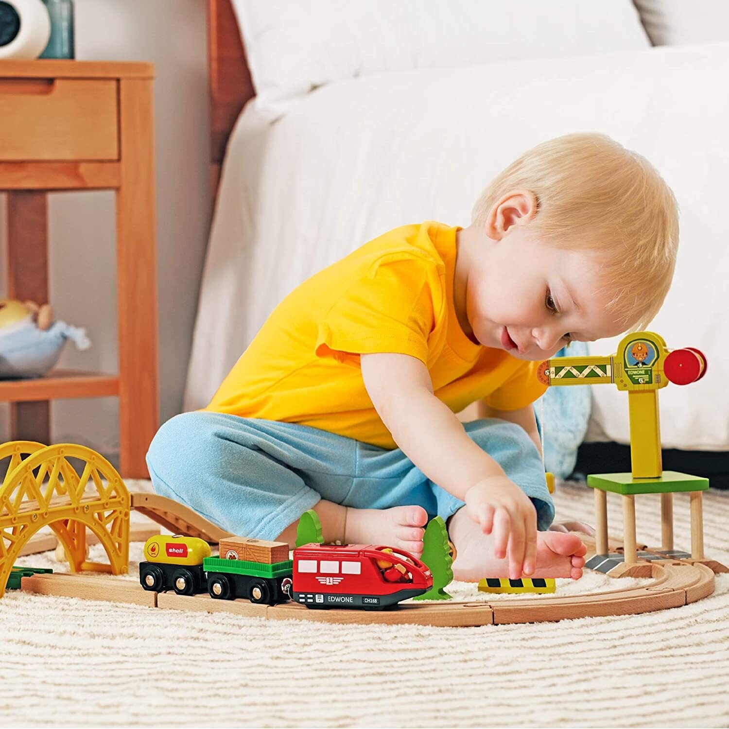 Wooden Toy Train Set with Wooden Rails Including Accessories - Children&#39;s Toy with Locomotive, Crane, Bridge and More