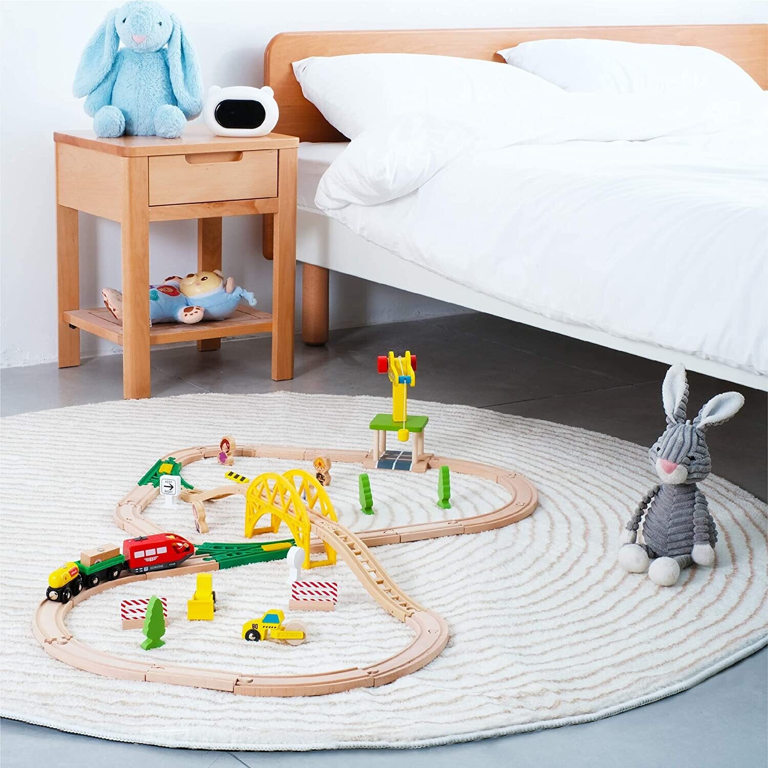 Wooden Toy Train Set with Wooden Rails Including Accessories - Children&#39;s Toy with Locomotive, Crane, Bridge and More