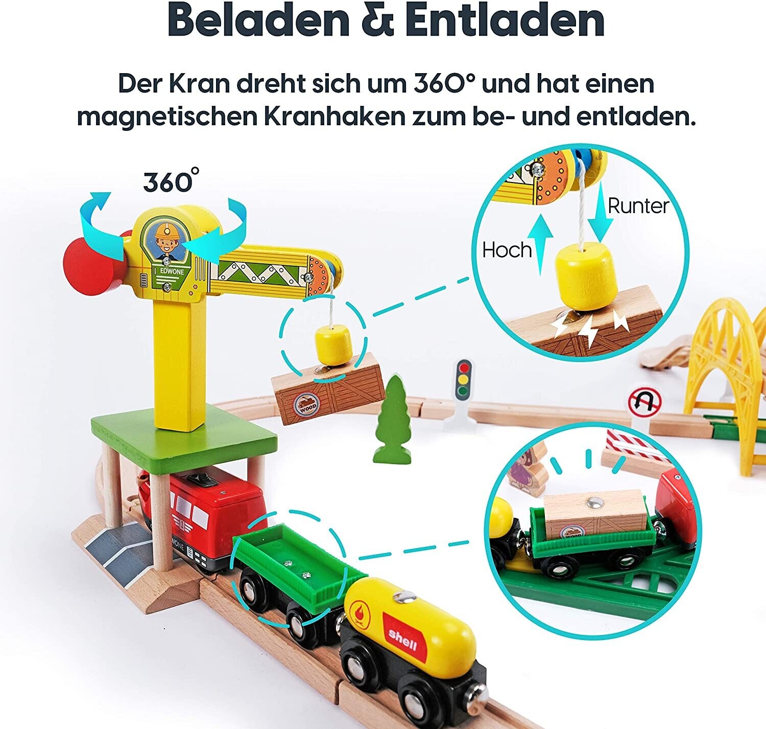 Wooden Toy Train Set with Wooden Rails Including Accessories - Children&#39;s Toy with Locomotive, Crane, Bridge and More