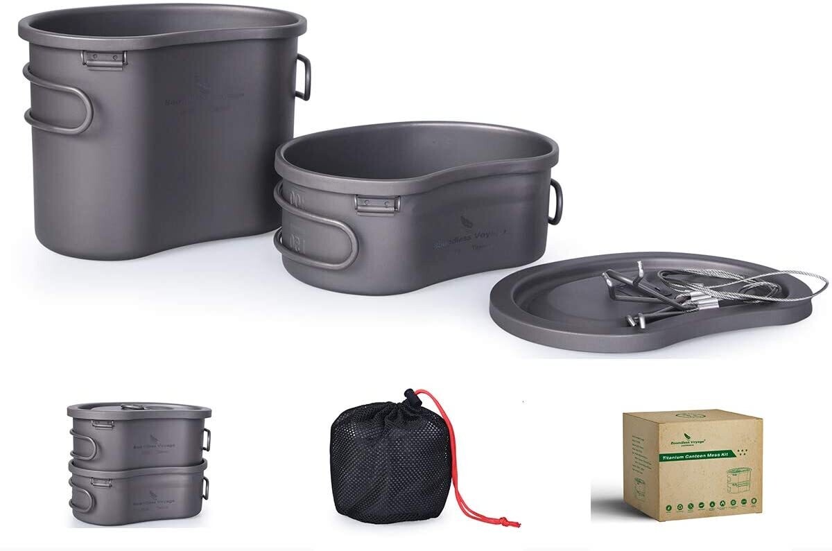 Titanium Cooking Pot Portable Camping Pots and Pans Set Canteen Mess Kit Bushcraft Equipment for Outdoor Hiking Backpacking