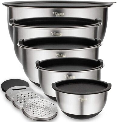 5 Sets of Mixing Bowls with Airtight Lids, Three Gratulator Attachments, Measurement Marks, and Non-Slip Bottoms, Ideal for Mixing & Serving