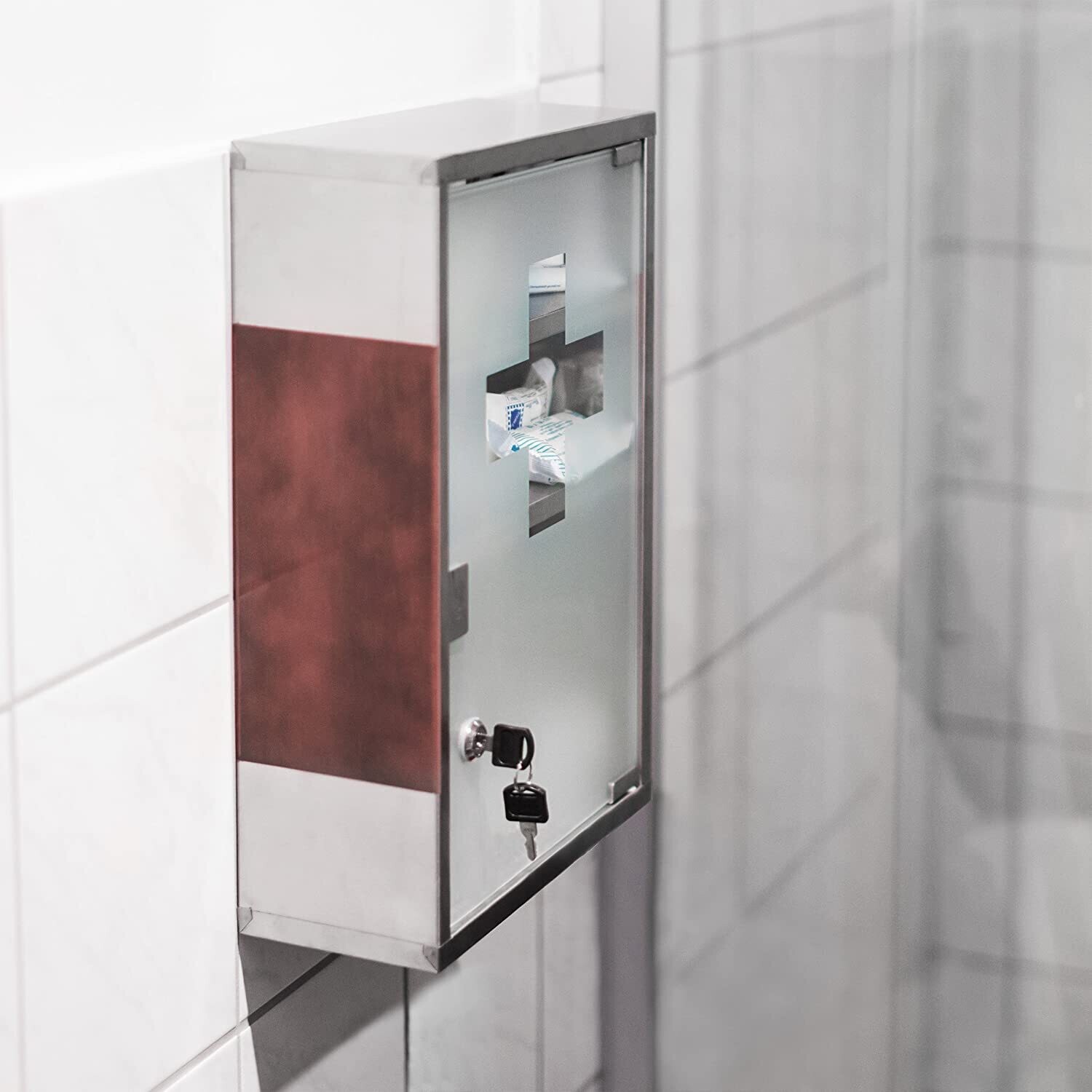 Steel Medicine Cabinet, Mirror Door, 2 Shelves, with Lock, Polished Surface, Stainless Glass, Silver