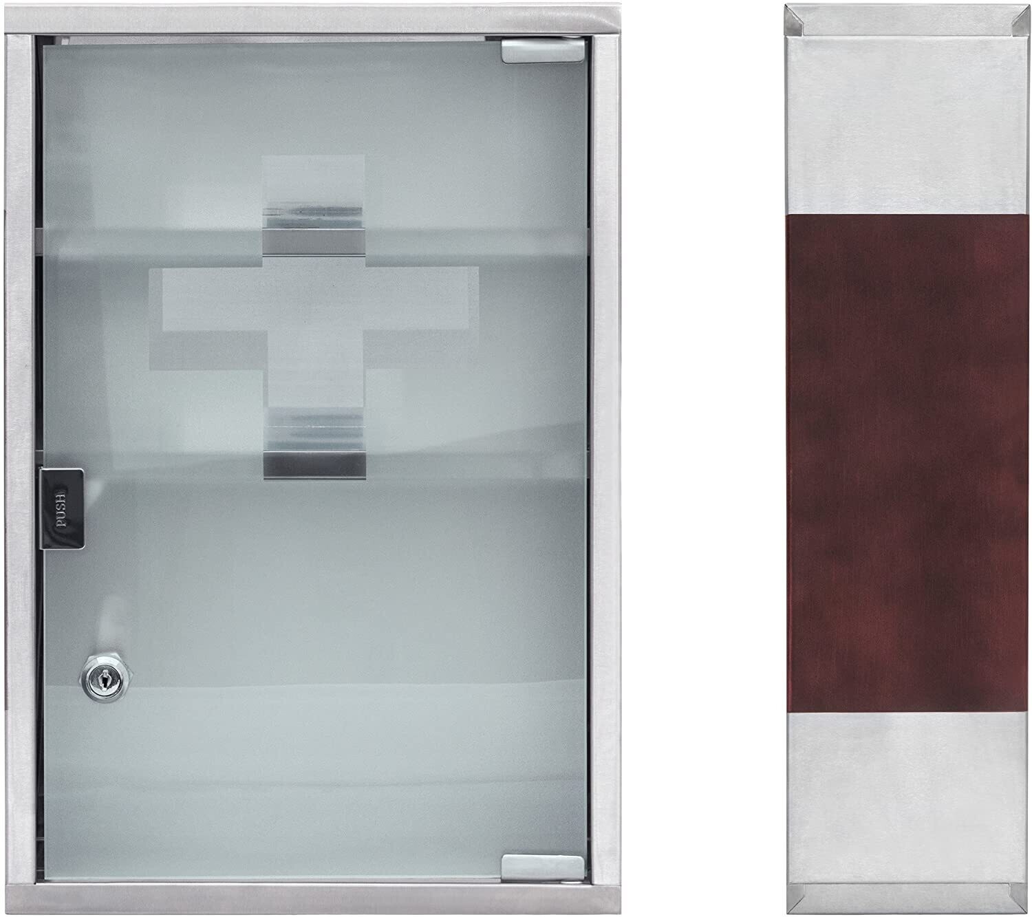 Steel Medicine Cabinet, Mirror Door, 2 Shelves, with Lock, Polished Surface, Stainless Glass, Silver