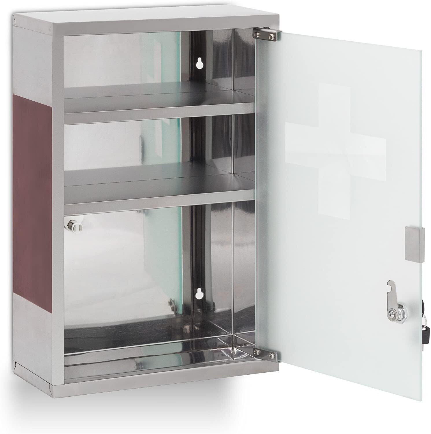 Steel Medicine Cabinet, Mirror Door, 2 Shelves, with Lock, Polished Surface, Stainless Glass, Silver