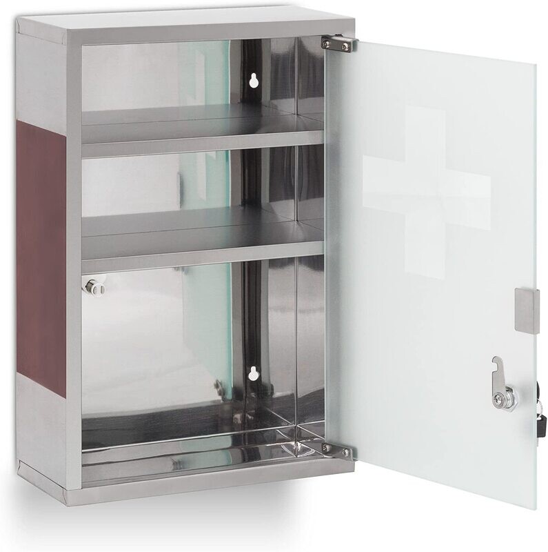Steel Medicine Cabinet, Mirror Door, 2 Shelves, with Lock, Polished Surface, Stainless Glass, Silver