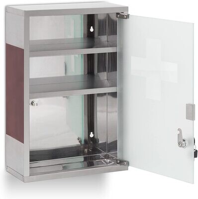 Steel Medicine Cabinet, Mirror Door, 2 Shelves, with Lock, Polished Surface, Stainless Glass, Silver