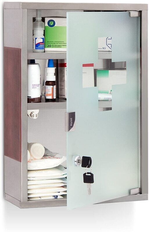 Steel Medicine Cabinet, Mirror Door, 2 Shelves, with Lock, Polished Surface, Stainless Glass, Silver