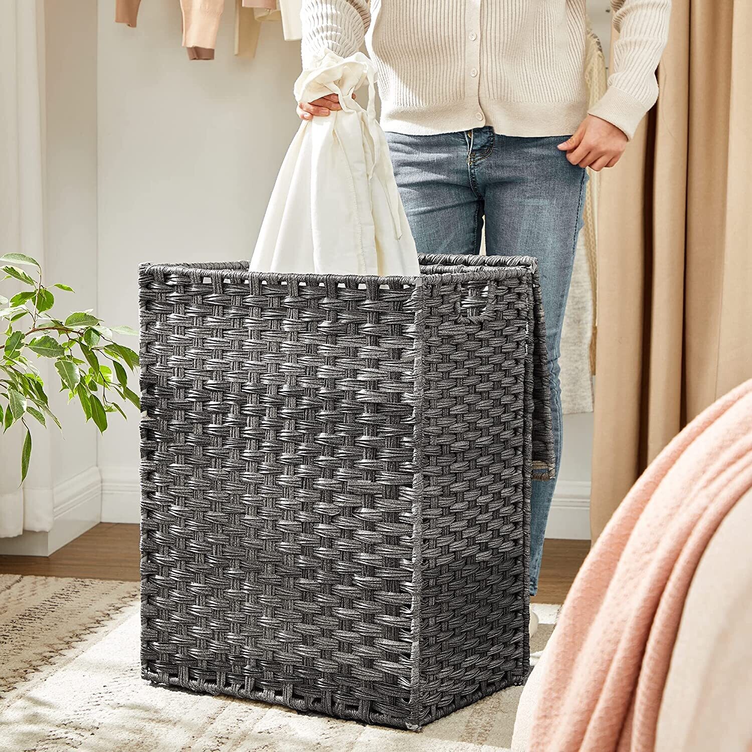 Hand Woven Laundry Hamper Basket with Lid, Durable Storage Solution for Clothes and Home Organization
