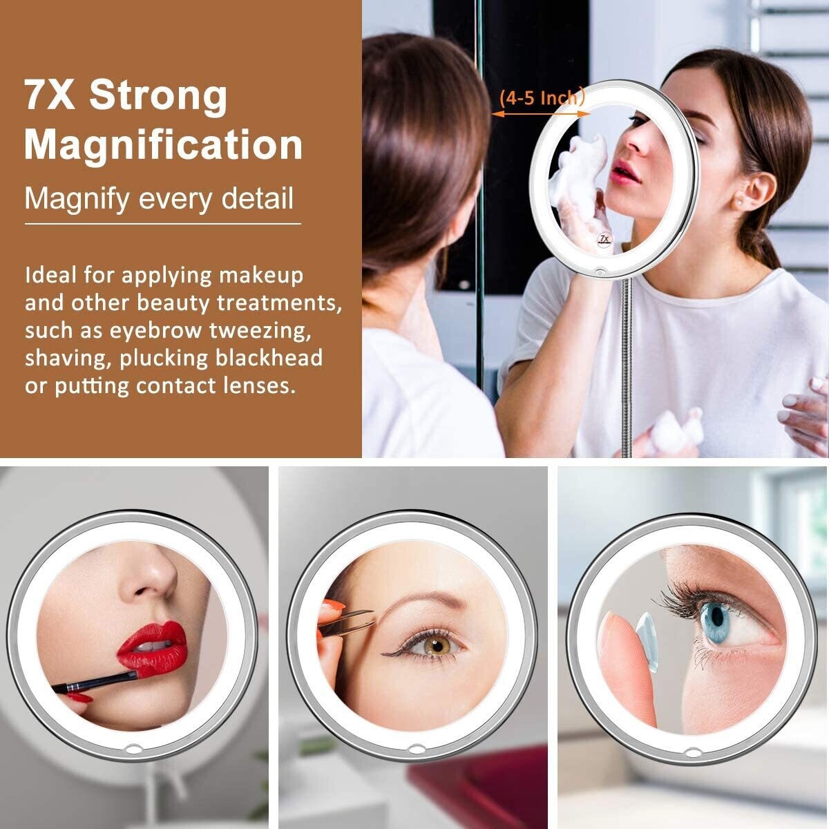 Magnification LED Illuminated Make-Up Mirror 360° Swivel with Integrated Suction Cup Shaving Mirror Wall