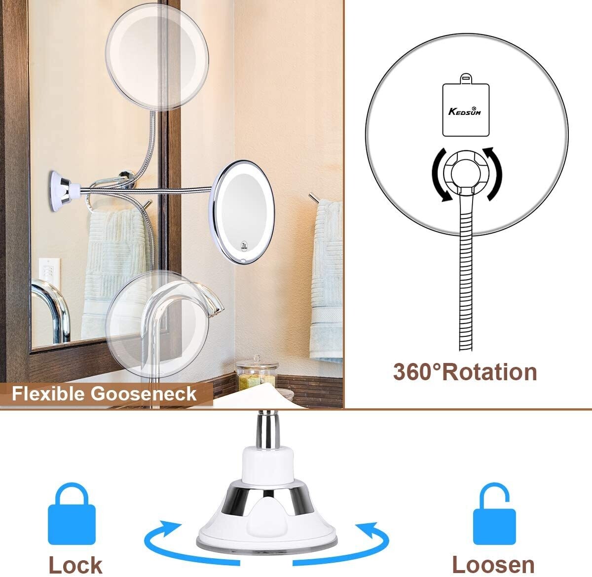 Magnification LED Illuminated Make-Up Mirror 360° Swivel with Integrated Suction Cup Shaving Mirror Wall