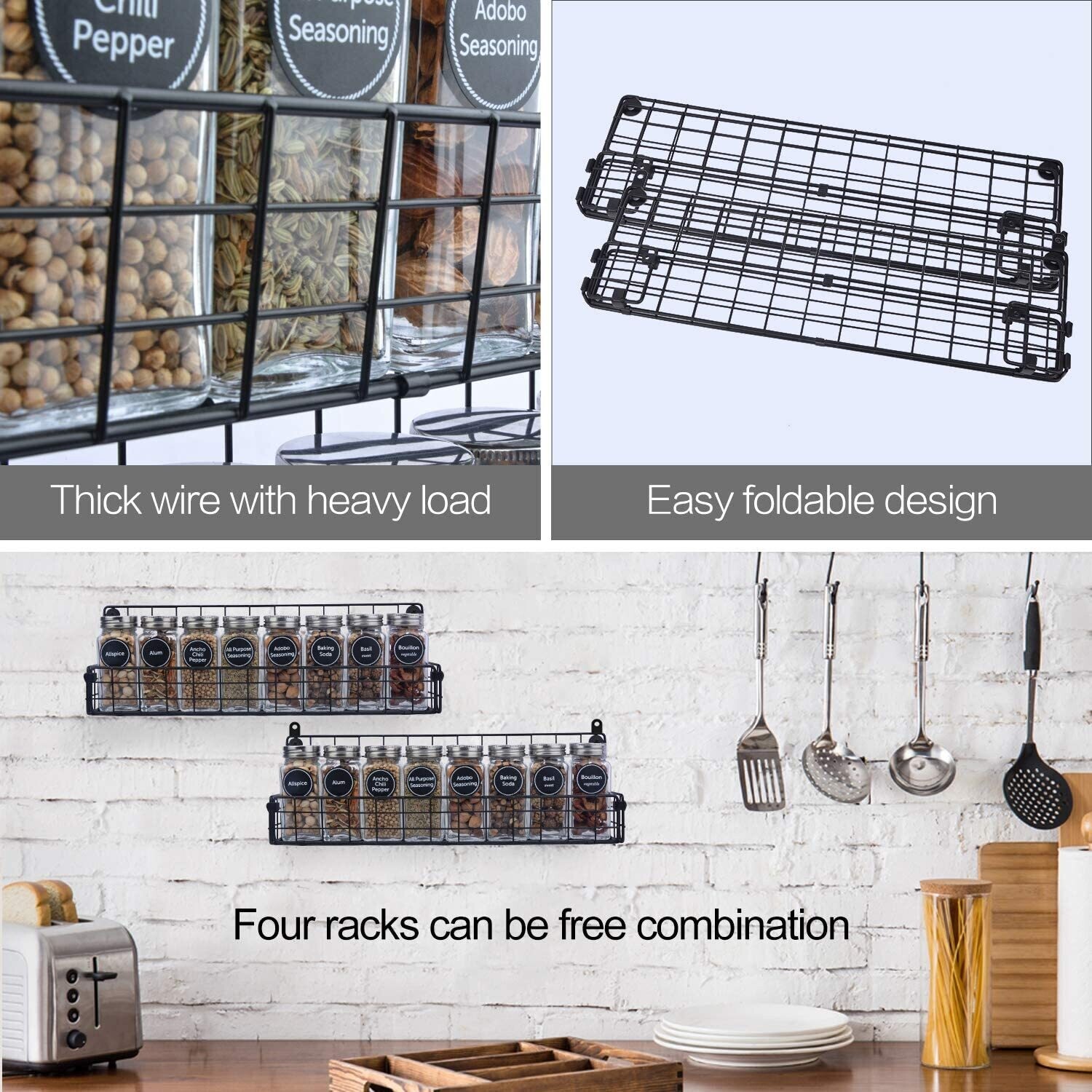 Spice Rack, Wall Mounted, 4 Tier Stackable Hanging Spice Rack Organiser