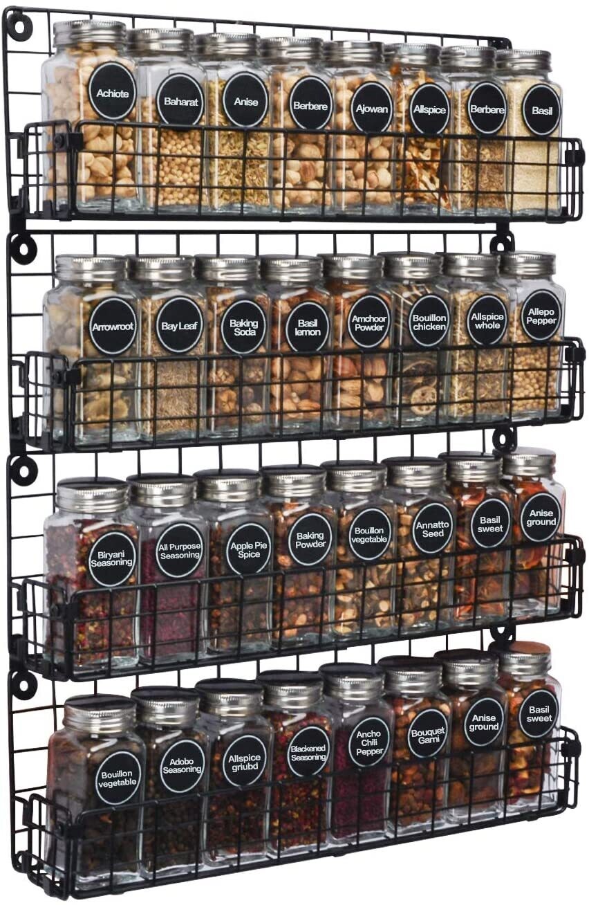 Spice Rack, Wall Mounted, 4 Tier Stackable Hanging Spice Rack Organiser