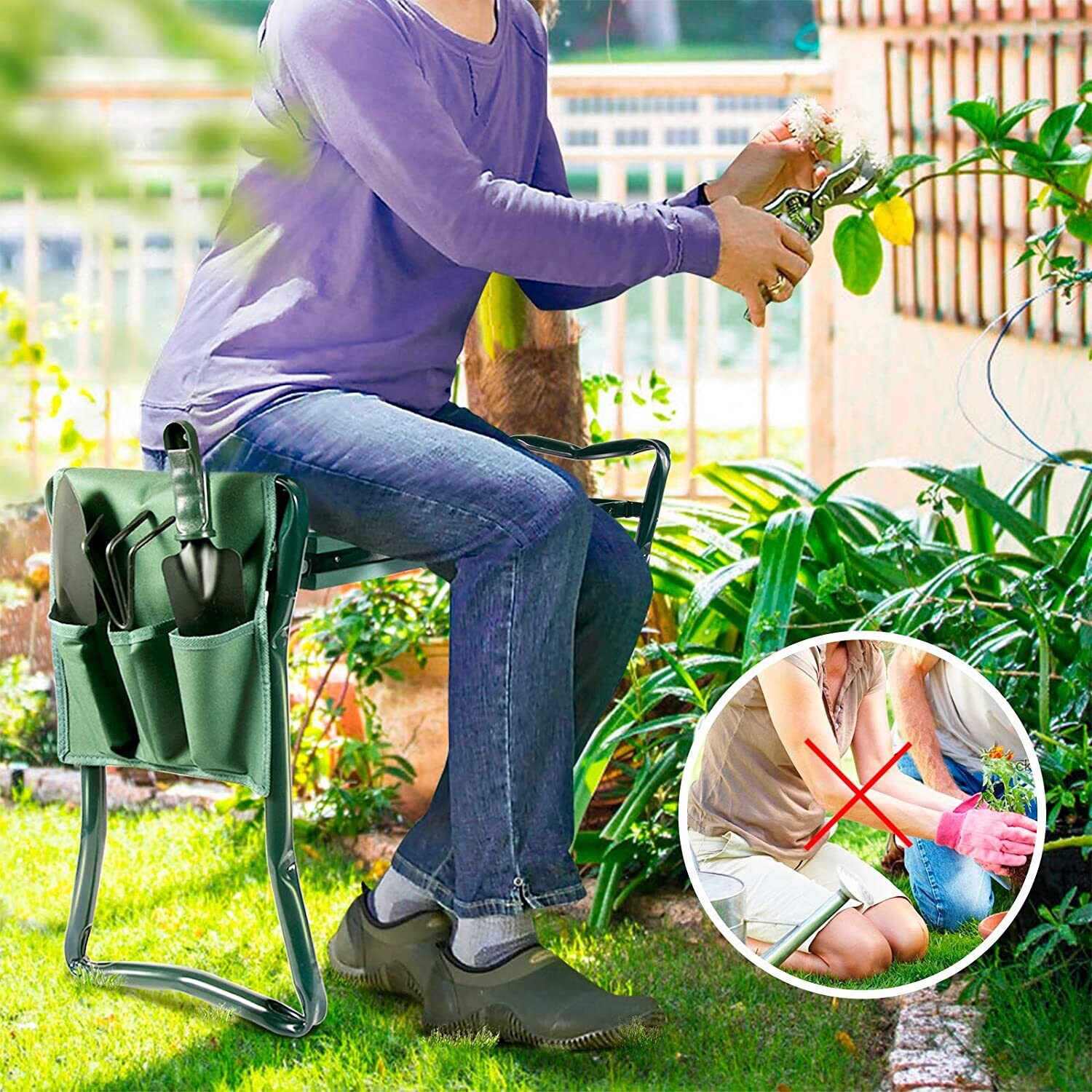 Garden Kneeler Seat 2-in-1 Folding Bench with Cushioned Pad and Side Pockets for Easy Gardening