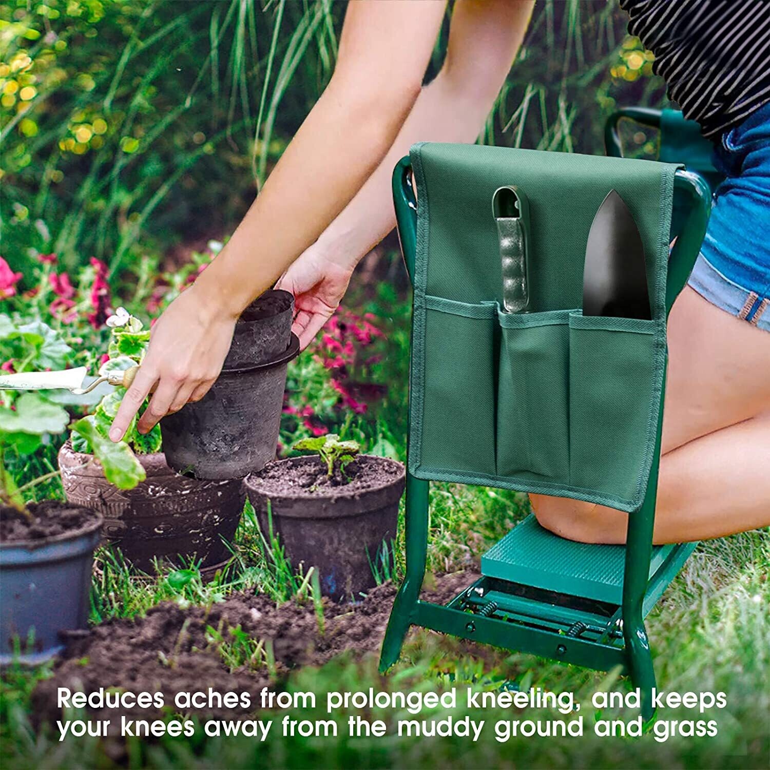 Garden Kneeler Seat 2-in-1 Folding Bench with Cushioned Pad and Side Pockets for Easy Gardening