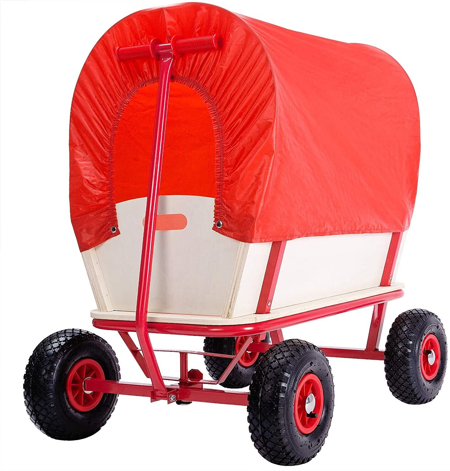 Handcart Wood 180 kg - 4 Profile Pneumatic Tyres Hand Trolley Transport Trolley All-Round Steel Tube Frame Red Garden Trolley
