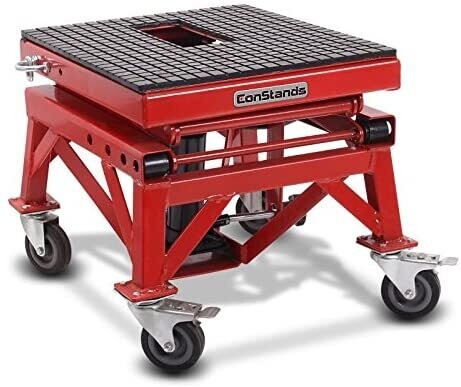Hydraulic Red Moto Cross Lift XL Lifting Stand with Rollers for Motorcycle Maintenance and Repairs
