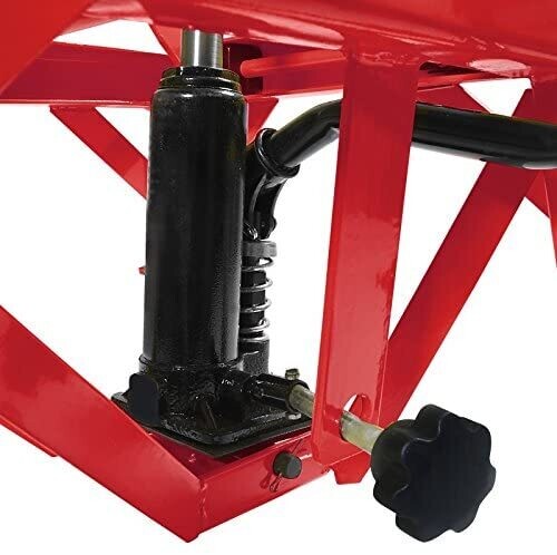 Hydraulic Red Moto Cross Lift XL Lifting Stand with Rollers for Motorcycle Maintenance and Repairs