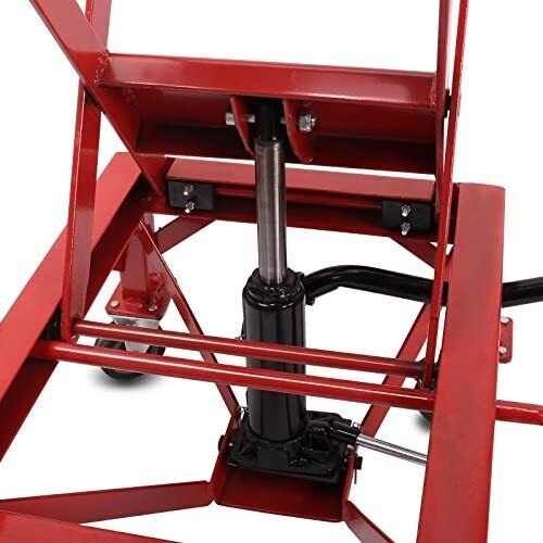 Hydraulic Red Moto Cross Lift XL Lifting Stand with Rollers for Motorcycle Maintenance and Repairs