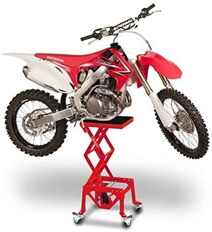 Hydraulic Red Moto Cross Lift XL Lifting Stand with Rollers for Motorcycle Maintenance and Repairs