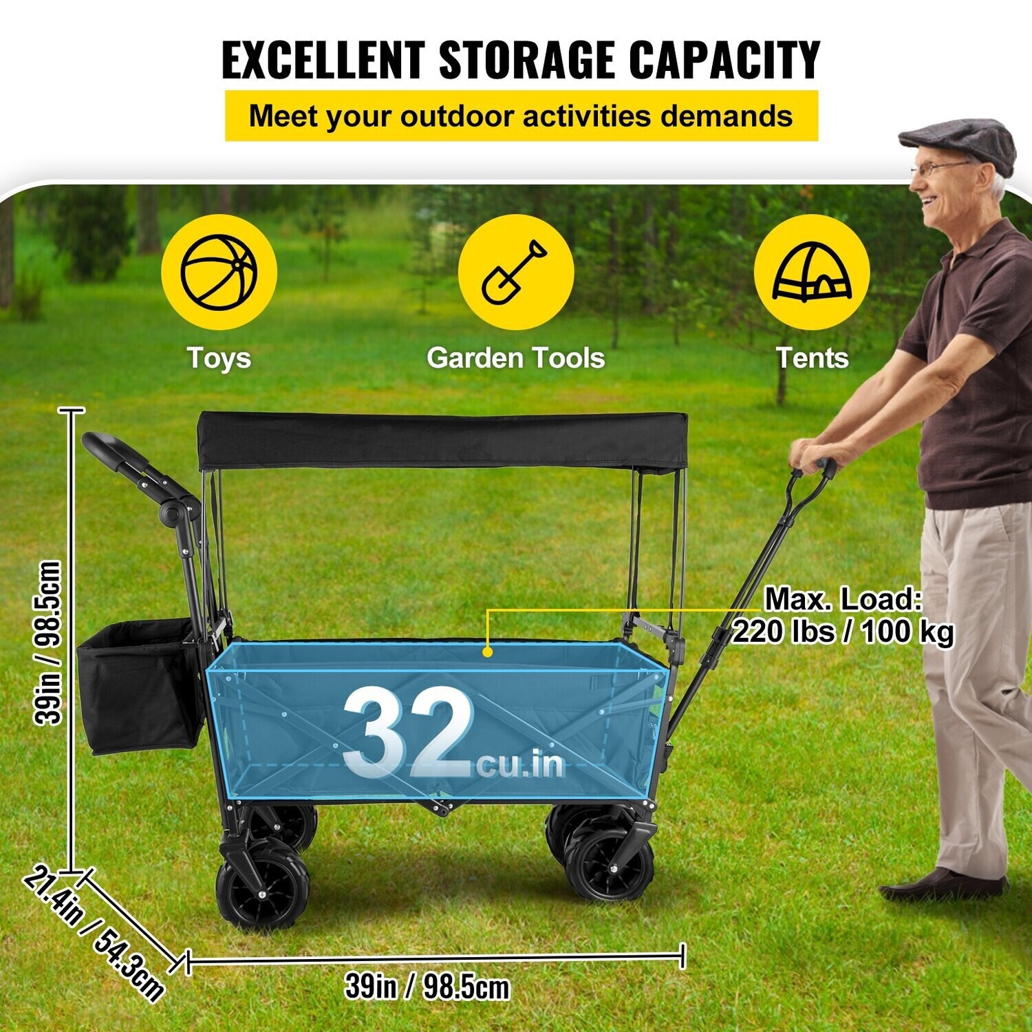 Collapsible Folding Garden Cart, Heavy-Duty Portable Utility Wagon with All-Terrain Wheels for Outdoor and Lawn Use