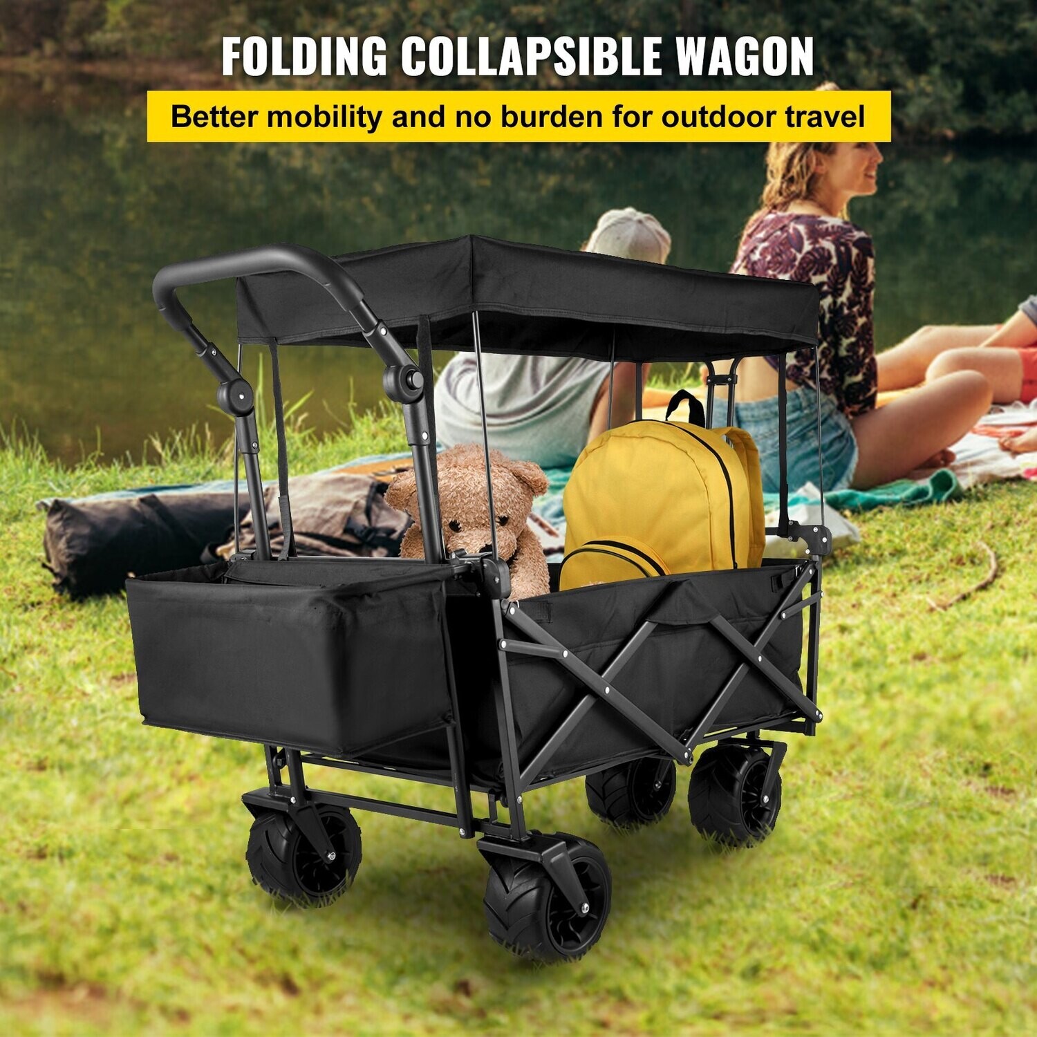Collapsible Folding Garden Cart, Heavy-Duty Portable Utility Wagon with All-Terrain Wheels for Outdoor and Lawn Use