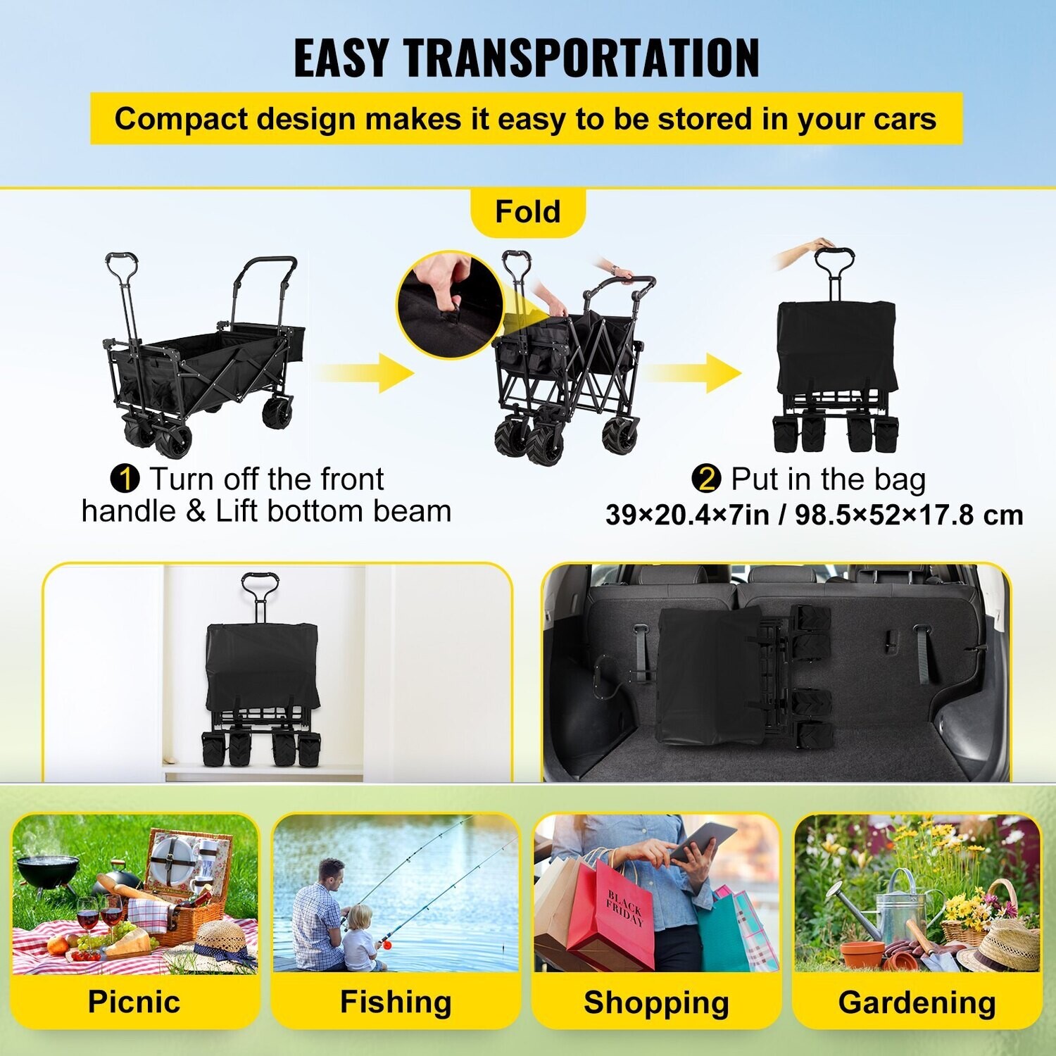 Collapsible Folding Garden Cart, Heavy-Duty Portable Utility Wagon with All-Terrain Wheels for Outdoor and Lawn Use