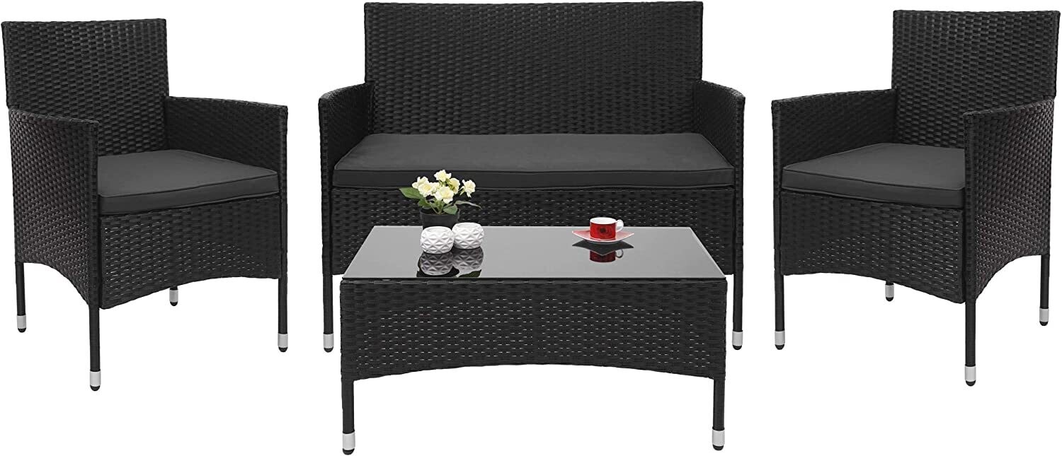 Dark Grey Poly-Rattan Furniture Set for Balcony and Garden, Outdoor Patio Seating with Cushions and Stylish Design