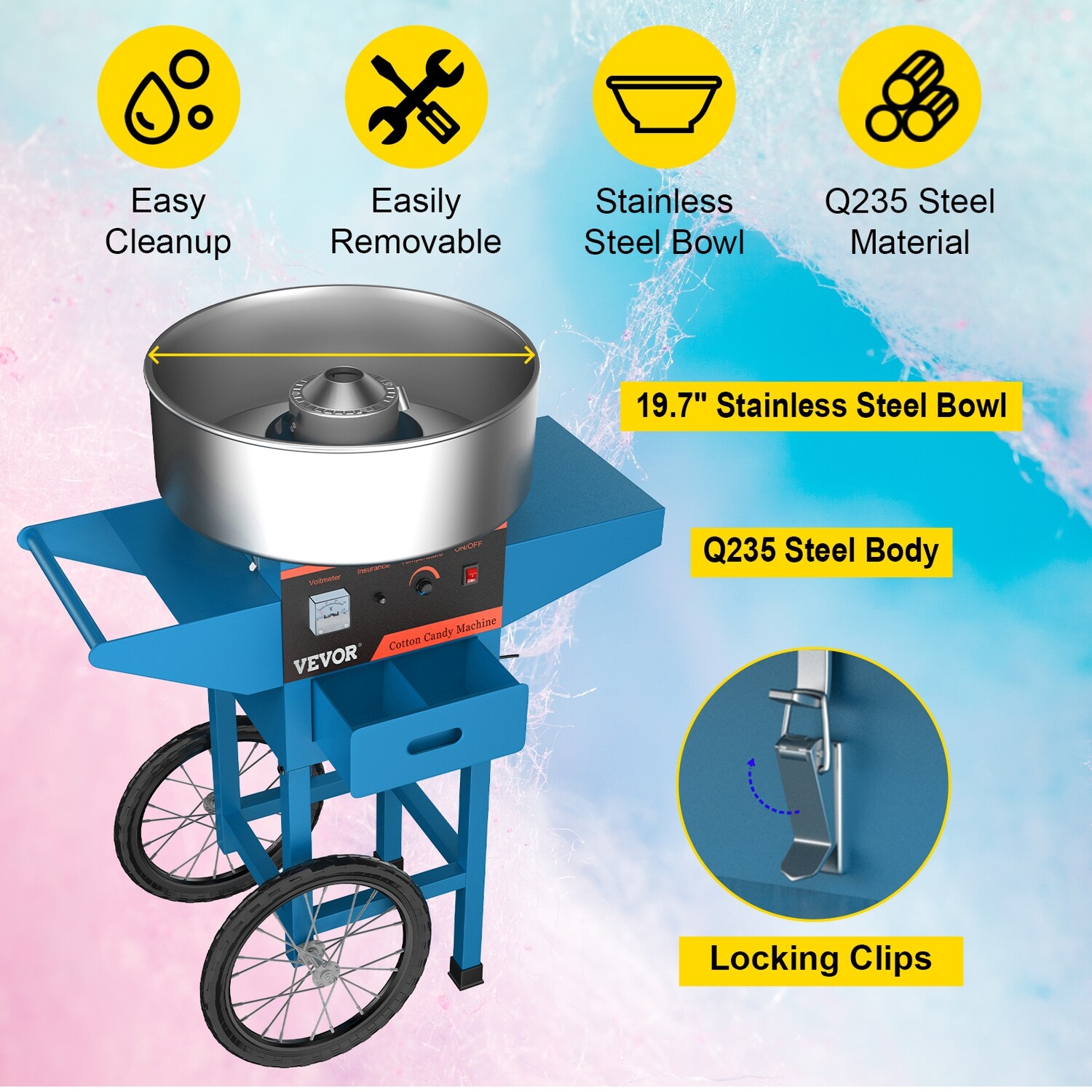 Cotton Candy Machine with Cart, Electric Commercial Cotton Candy Maker for Parties