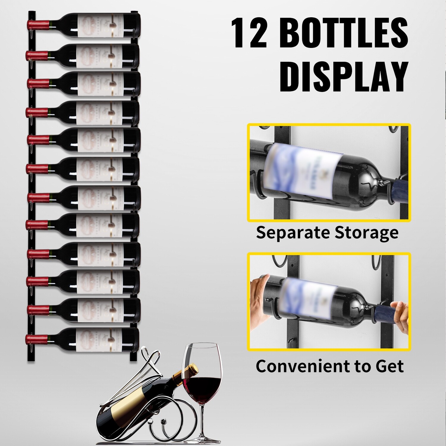 Vertical Wall-Mounted Wine Rack Bottle Holder  Vertical Metal Wine Shelf Support 12 Steel Bottles Alcohol Storage Unit Towels Kitchen Items for Home Bar