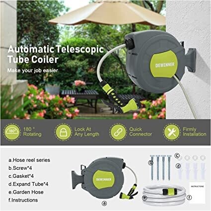 Garden Hose Reel with Wall Mount, Automatic Rewind, and Multi-Function Spray Nozzle for Easy Watering