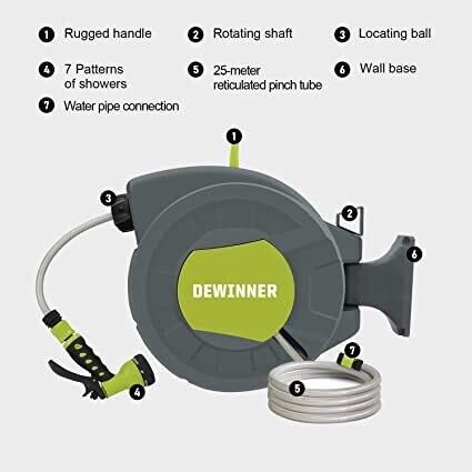 Garden Hose Reel with Wall Mount, Automatic Rewind, and Multi-Function Spray Nozzle for Easy Watering