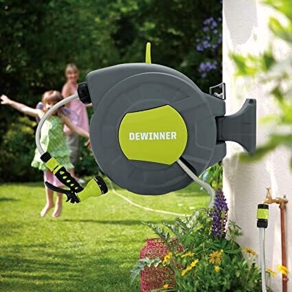 Garden Hose Reel with Wall Mount, Automatic Rewind, and Multi-Function Spray Nozzle for Easy Watering