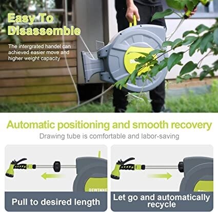 Garden Hose Reel with Wall Mount, Automatic Rewind, and Multi-Function Spray Nozzle for Easy Watering