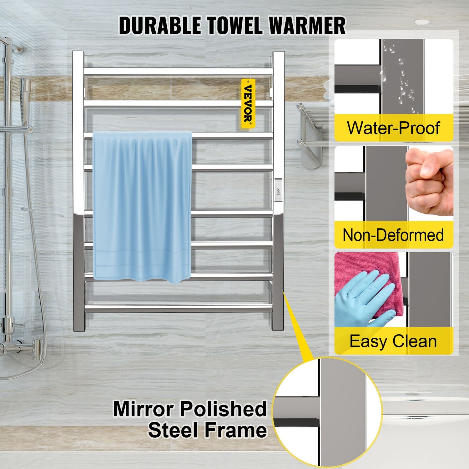 Polished Steel 8-Bar Heated Towel Rack For Bathroom