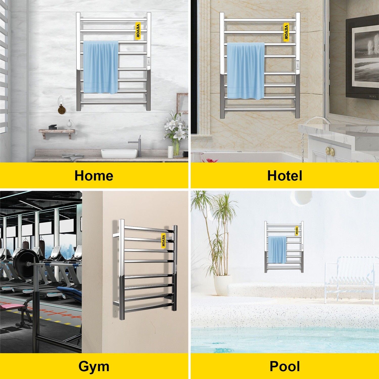 Polished Steel 8-Bar Heated Towel Rack For Bathroom